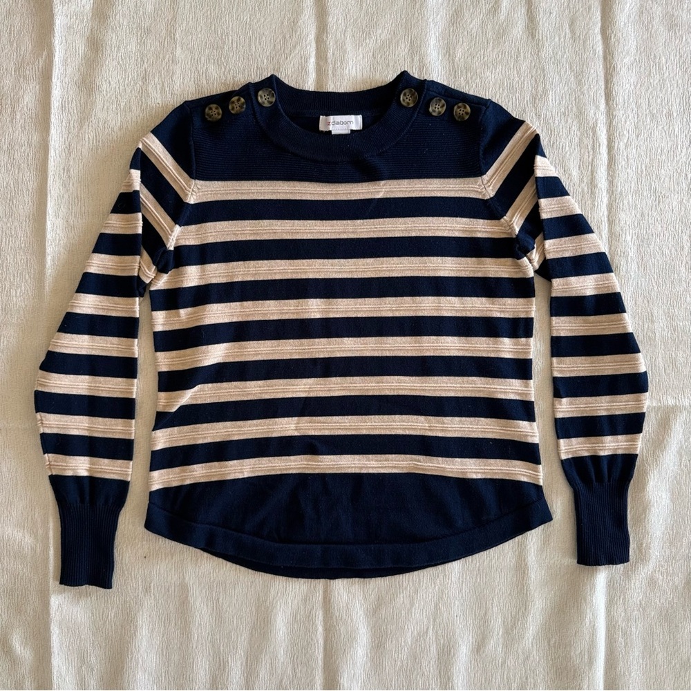 Liz Claiborne Navy Beige Striped Sweater Shoulder Buttons Size PS Petite Small